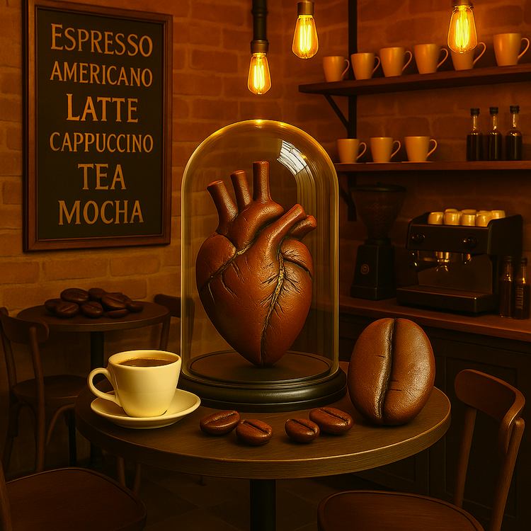 مجسمه قلب قهوهای واقعگرایانه در گنبد شیشهای، همراه با فنجان قهوه، دکور خاص و حرفهای برای کافه