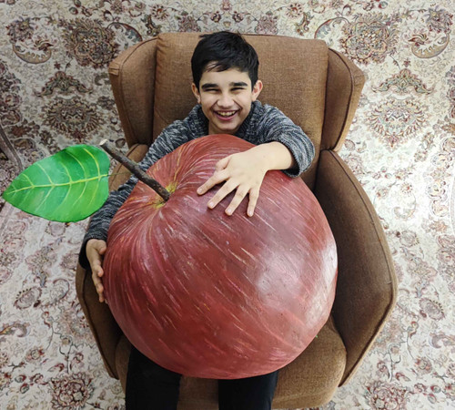 ماکت سیب در سایز بزرگ دردست پسر نوجوان